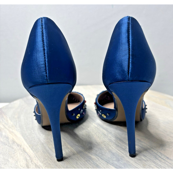 Betsey Johnson Mayson Heels Sz 6 Blue Satin Jeweled Sequin Shoes Pumps - Picture 6 of 10